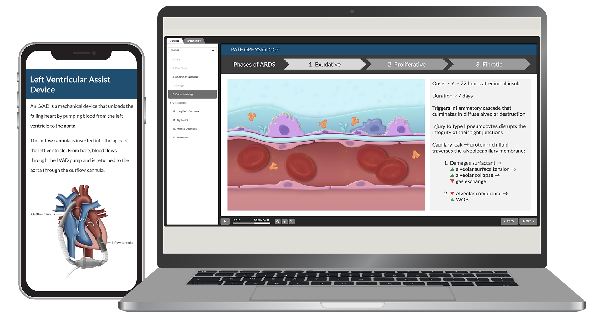 A laptop screen and phone screen display education content for CRNA's. APEX provides opportunities to complete CRNA continuing education credits and educational modules. 