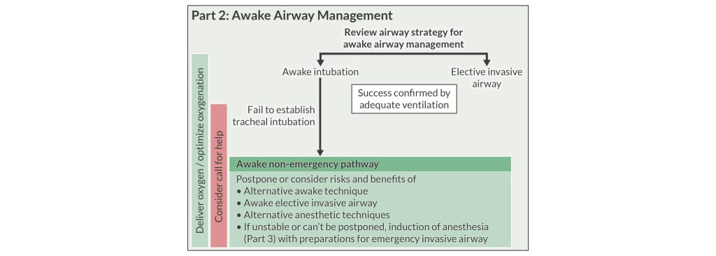 Infographic of the ASA algorithm update for the pre-airway management decision making tool, part 2 - leads to awake non-emergency pathway