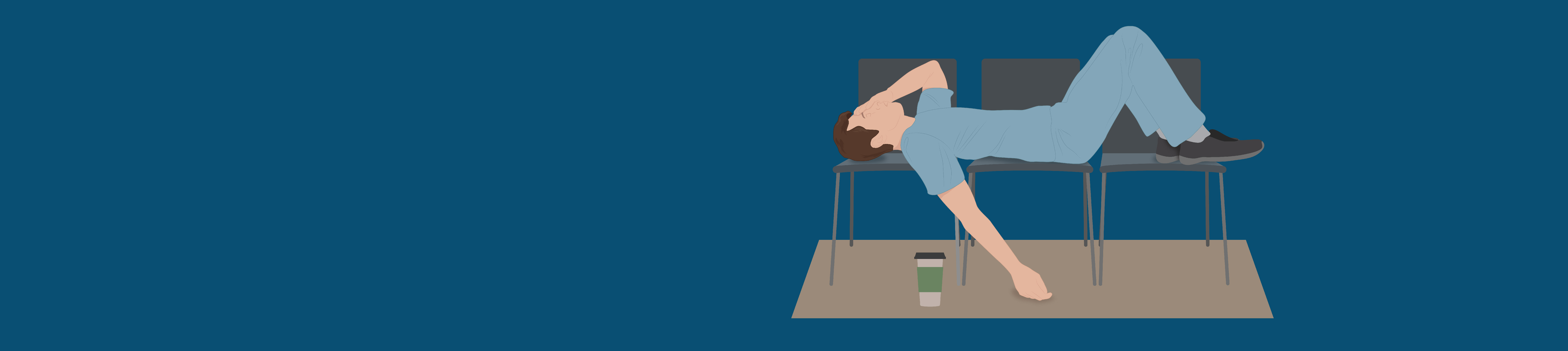 An illustration of a stress CRNA laying across three chairs with coffee nearby