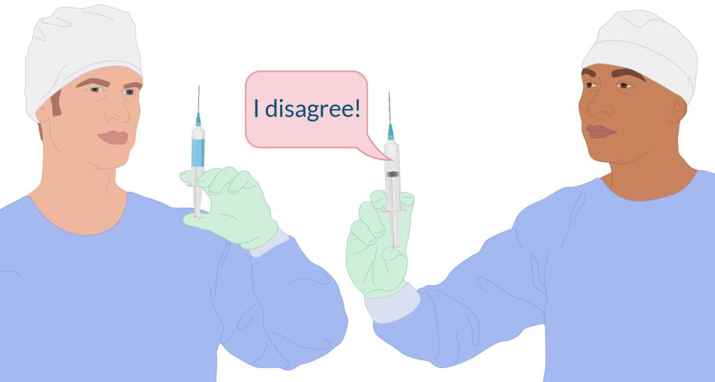 Two CRNAs holding syringes with one stating that they disagree with the other