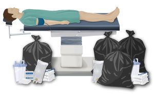 A body laying on a medical table with trash bags and medical supplies around them.