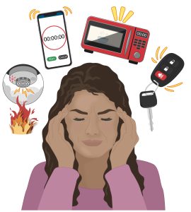 A woman clutches her head with alarm fatigue as daily alarms ring beside her, including a smoke alarm, cell phone, microwave and car alarm