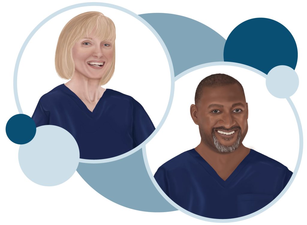 Two CRNAs are pictured inside of blue APEX branded circles. There is a woman on the left side and a man on the right. There are both older clinicians nearing retirement age.