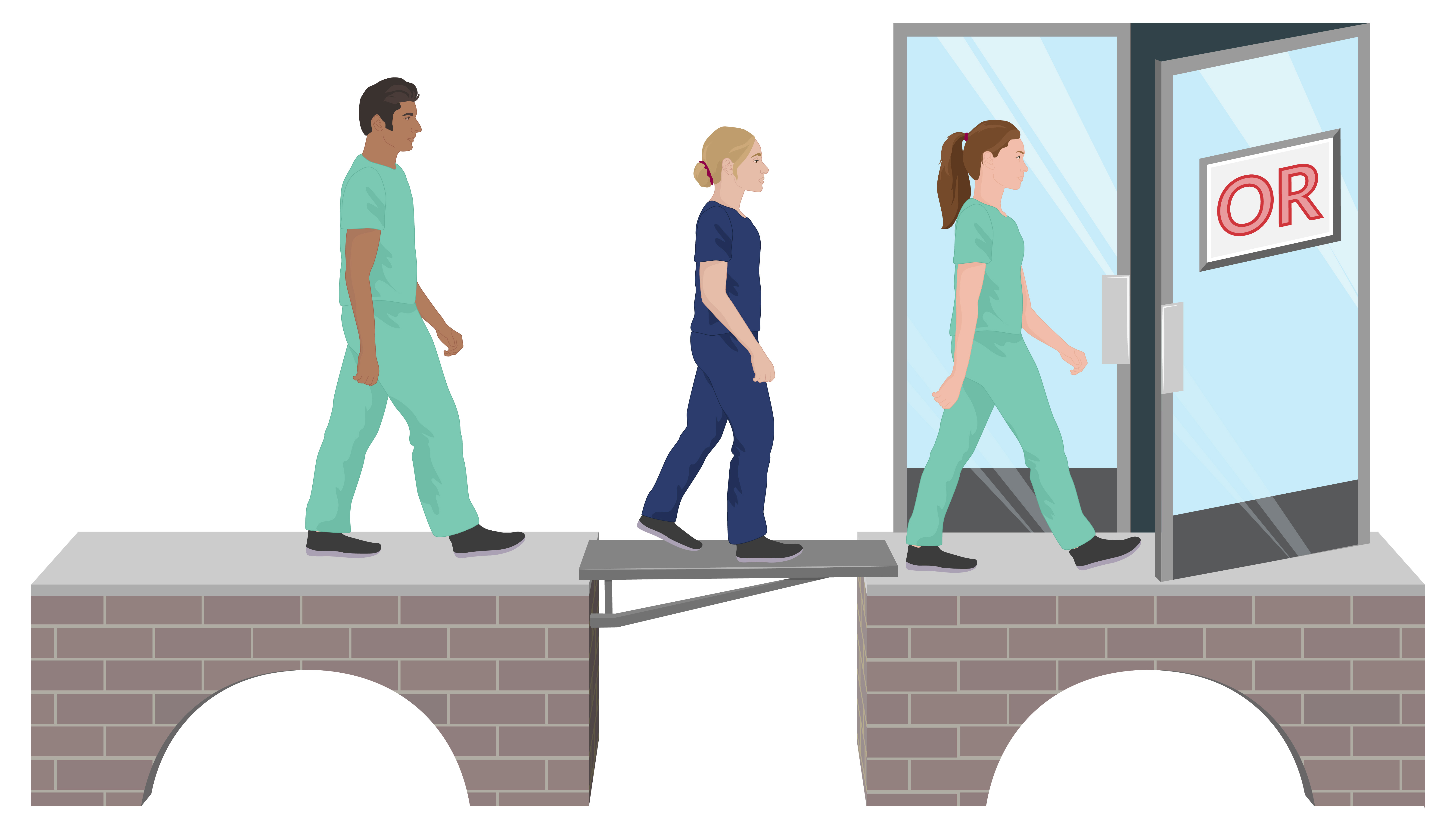 Illustration of travel CRNAs walking toward an operating room (OR), symbolizing the transition into new clinical assignments and operating environments.