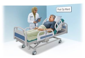 Nurse anesthetist speaking with a male patient recovering in a hospital bed in the post-op ward.
