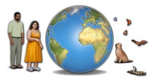 Illustration of two people standing next to a globe surrounded by animals and butterflies, symbolizing global biodiversity and environmental connection.