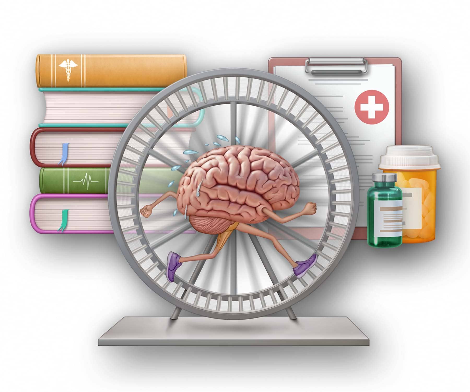 a brain running on a treadmill getting to mental fatigue