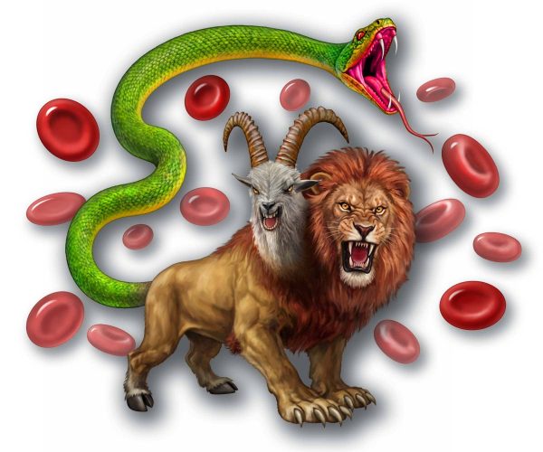 chimera surrounded by red blood cells, representing microchimerism