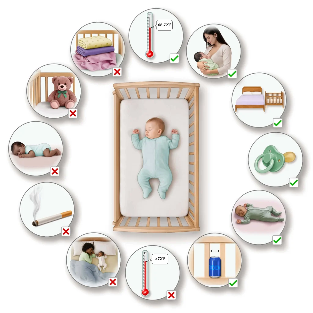 sleeping baby surrounded by environmental factors that could affect Sudden Infant Death Syndrome