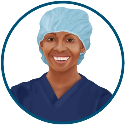 A CRNA wearing blue scrubs stands smiling and excited about using APEX to complete their continuing education