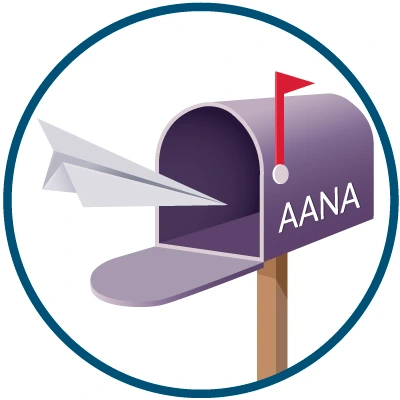 A paper airplane enters a mailbox labeled AANA (American Association of Nurse Anesthesiology)