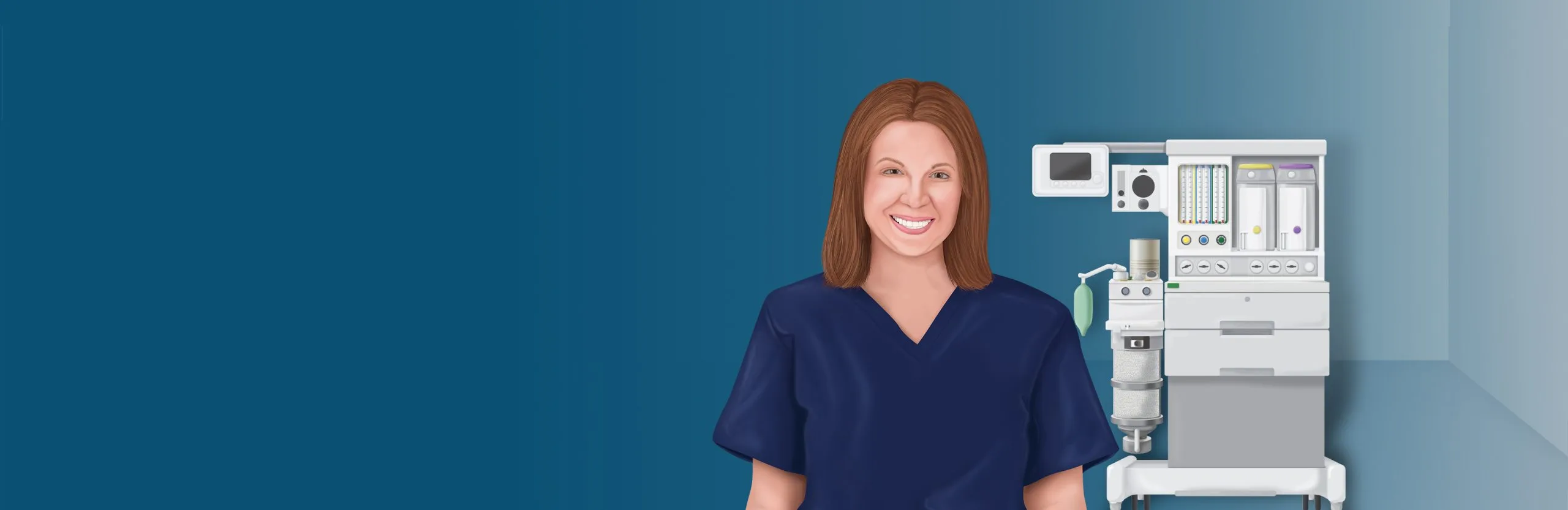 CRNA in front of equipment used commonly by nurse anesthetists