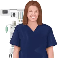 CRNA smiling in front of anesthesia equipment after earning AANA approved Class A credits and meeting NBCRNA requirements