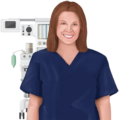 CRNA smiling in front of anesthesia equipment after earning AANA approved Class A credits and meeting NBCRNA requirements